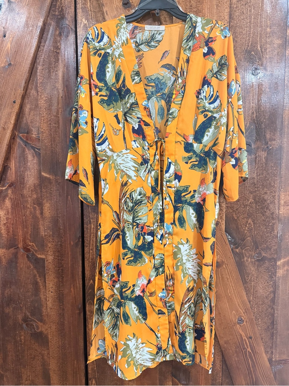 Active USA Mustard Floral Midi Coat with Green Leaf Print